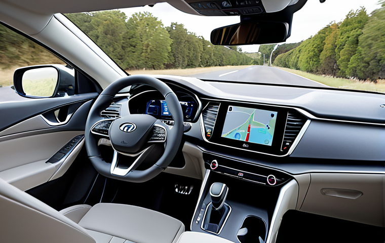 **Prompt:** IONIQ 5 cockpit, driver's perspective, ergonomic layout, digital dashboard displaying navigation, Head-Up Display reflecting speed, focus on user-friendly interface, daytime.